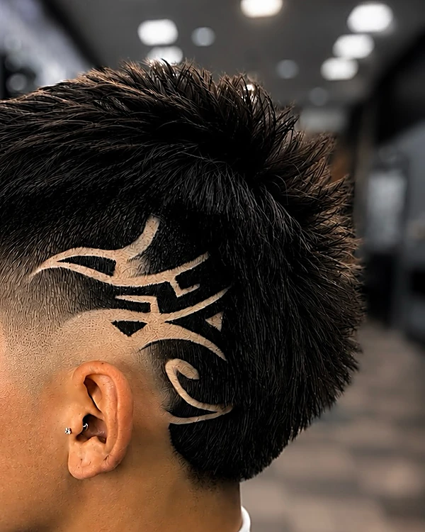 Diseño tribal rasurado sobre un fade en el costado de la cabeza, con el cabello de arriba texturizado